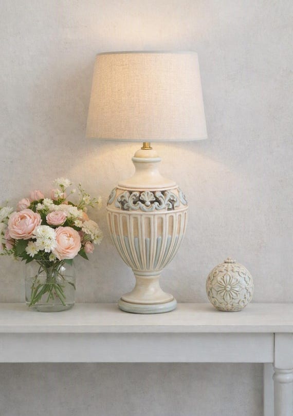 Vintage Ceramic Table Lamp: Beige & Duck Egg Scroll Fan Design