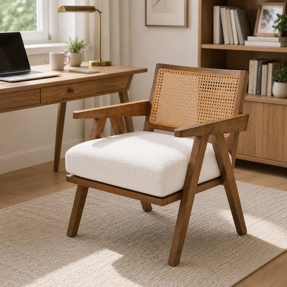 Mid Century Accent Chair, Beige Velvet Lounge Chair with Rattan Backrest, Wooden Armchair for Living Room Bedroom Reading Nook