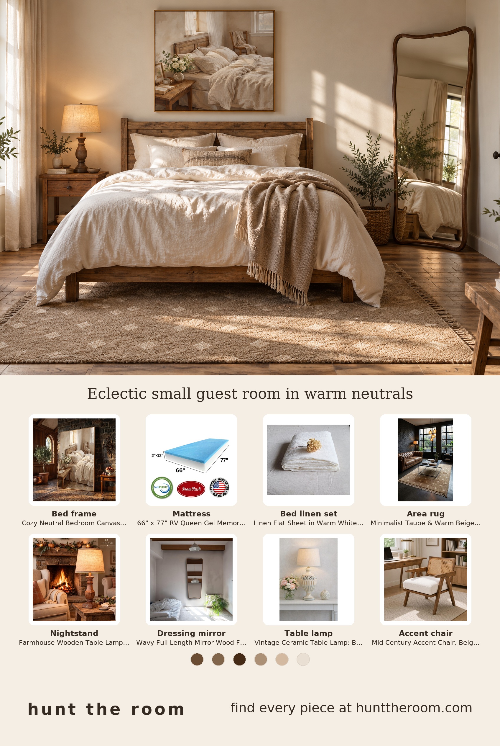 Flat lay image showing rustic wooden bed frame, gel memory foam mattress, warm white linen bedding, minimalist wool rug, farmhouse wooden lamp, and wavy wood framed mirror on a neutral background.