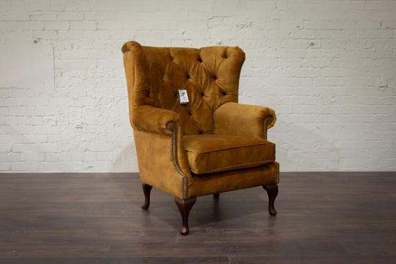 British Handmade Mustard Velvet High Round Back Wing Chair