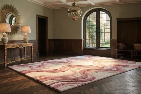 Premium Hand-Tufted Modern Wave Area Rug Elegant Pastel Pink, Blush & Ivory Cream Swirls