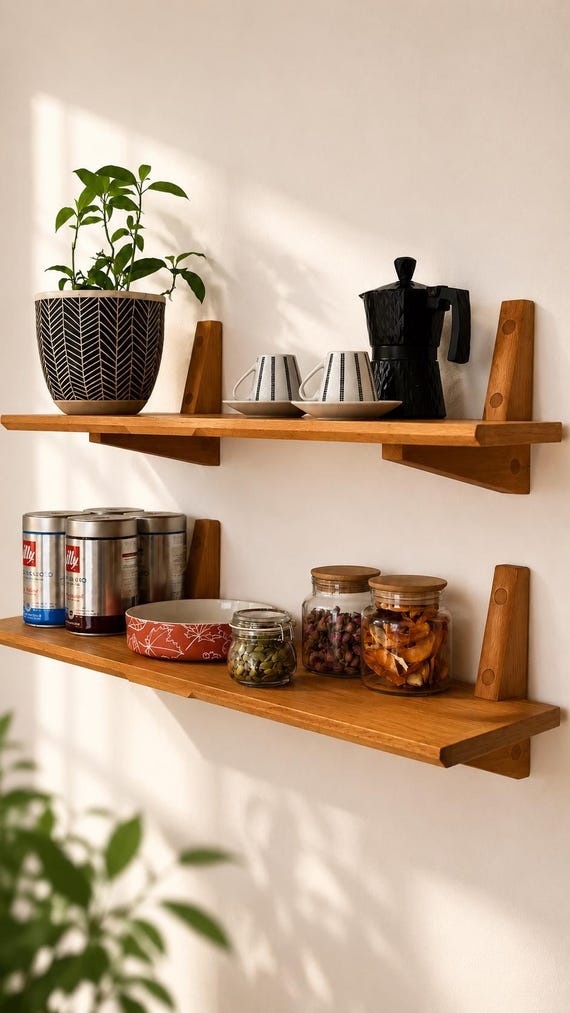 Handmade Wall Shelf with Solid Beech Brackets, Minimalist Bookshelf, Natural or Walnut (100x35 cm)