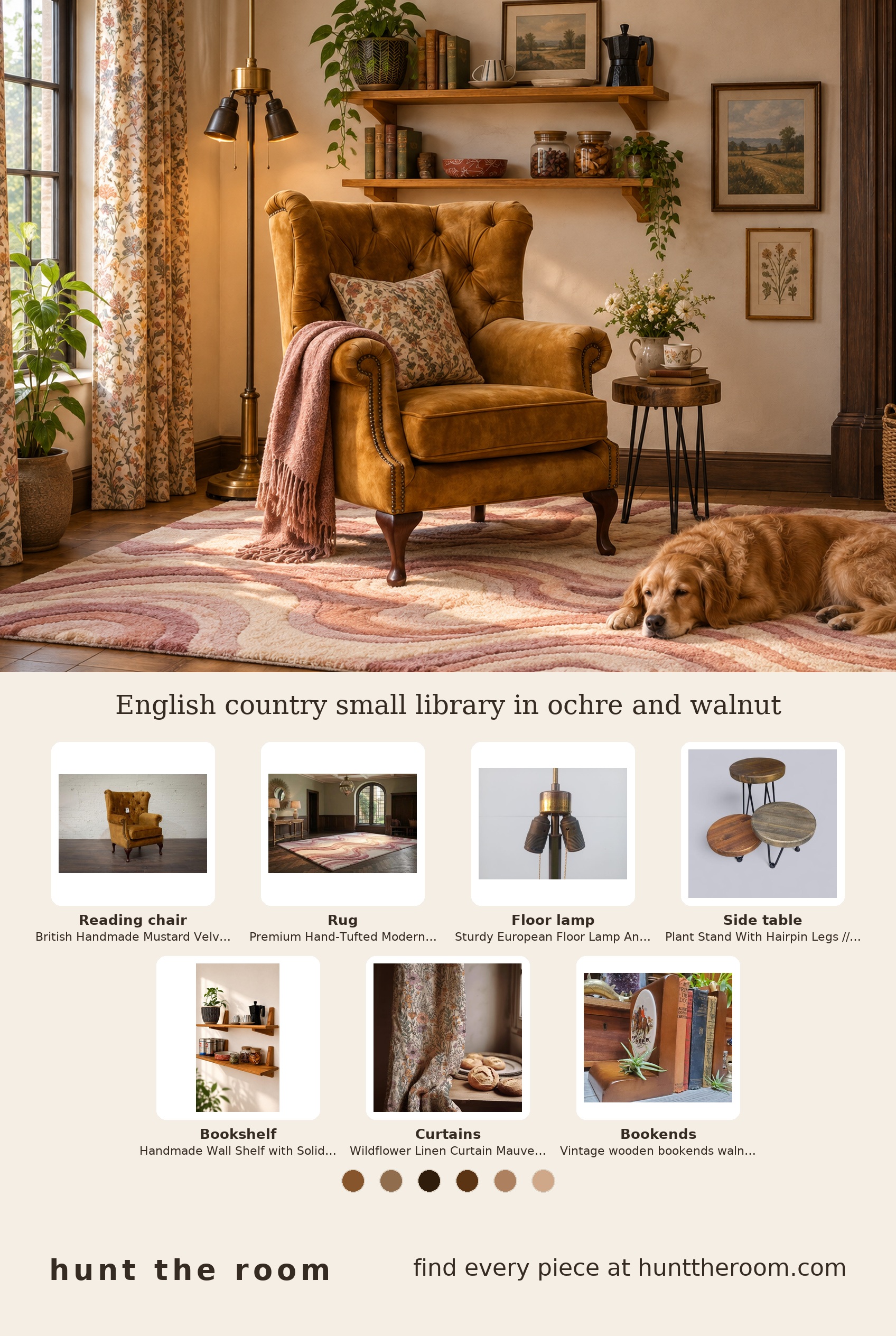 Flat lay of a mustard velvet wing chair, pastel wave pattern wool rug in pink and cream, antique brass floor lamp base, round wooden side table with hairpin legs, natural wood floating bookshelf, floral linen curtains, and walnut bookends with ceramic insets.