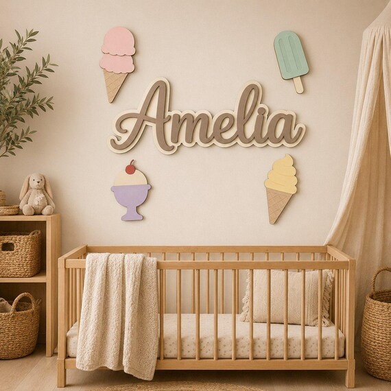 Pastel Ice Cream Personalized LED Baby Name Sign For Nursery Wall, Above Crib Name Plaque, 3D Wooden Pastel Nursery Decor Baby Shower Gift