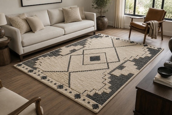 Moroccan Hand Tufted Wool Rug, Cream Charcoal Geometric Area Rug, Soft Dense High Low Pile Boho Rug