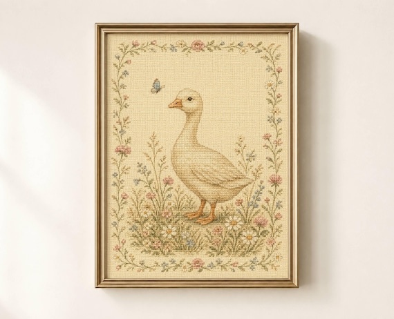 Goose Needlepoint Print, Vintage Nursery Wall Art, English Country Goose Nursery Decor, Cottage Wall Art