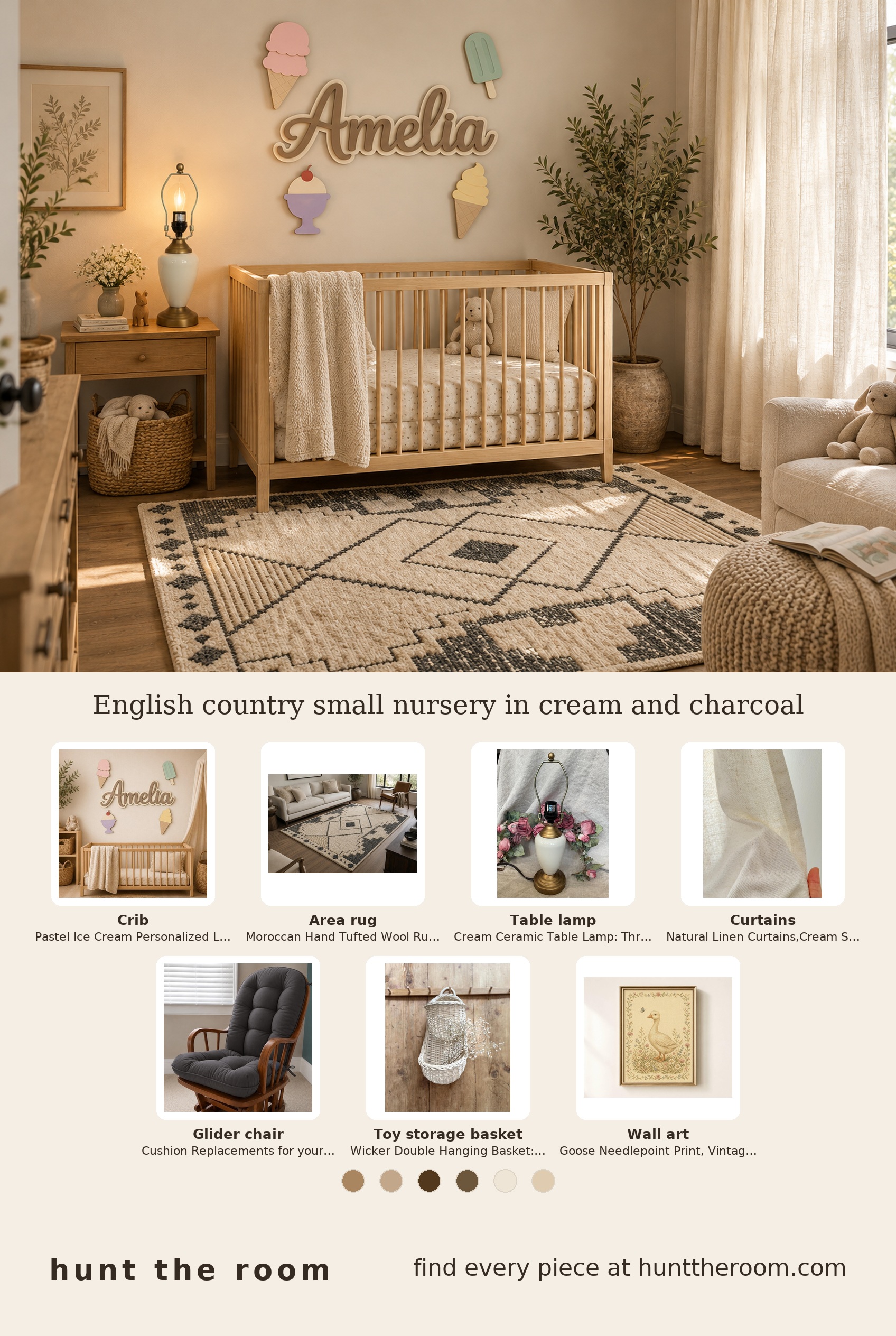 Flat lay of nursery pieces including cream mid-century crib, pastel ice cream name sign, cream ceramic lamp, charcoal and cream Moroccan rug, natural linen curtain fabric, charcoal grey cushion, cream wicker basket and vintage goose wall art.