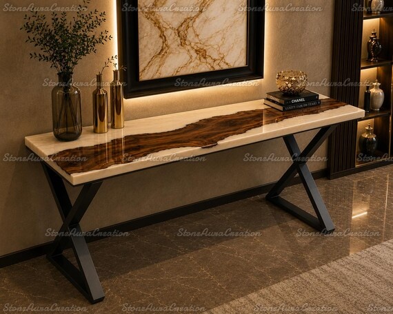 Cream Epoxy River Console Table, Live Edge Wood Entryway Table, Modern Hallway Furniture