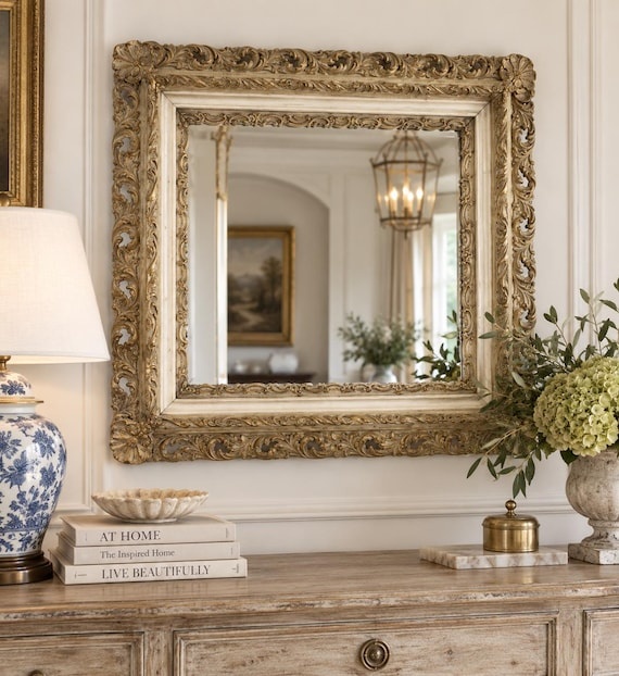 Antique Ornate Gilt Wood Mirror, 24x28 Reticulated Wall Mirror, Rococo Baroque Cream Gold Mirror, Vintage Carved Statement Mirror