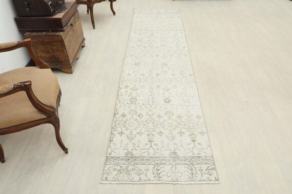 2x10 ft Vintage Turkish Runner Rug, Allover Botanical Vine Sprigs Cream Ivory & Sage Green, 4640 Hand-Knotted Wool Shabby Chic Hallway Rug