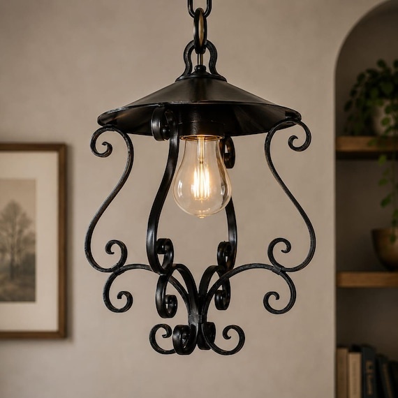 Vintage Wrought Iron Pendant Light, Rustic Hanging Lantern, Farmhouse Ceiling Light Fixture