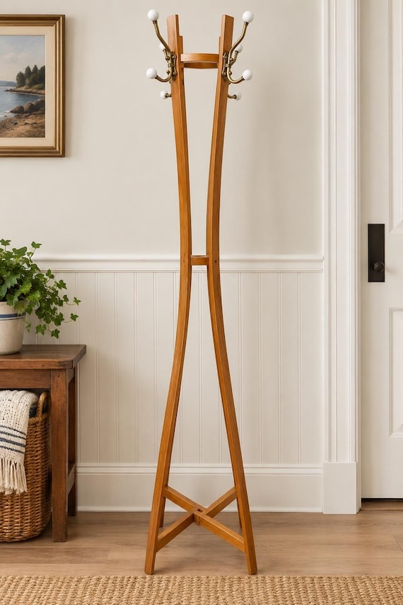 Vintage Wood Hall Tree Coat Stand Brass Porcelain Hooks Freestanding Entryway Rack 71.5”