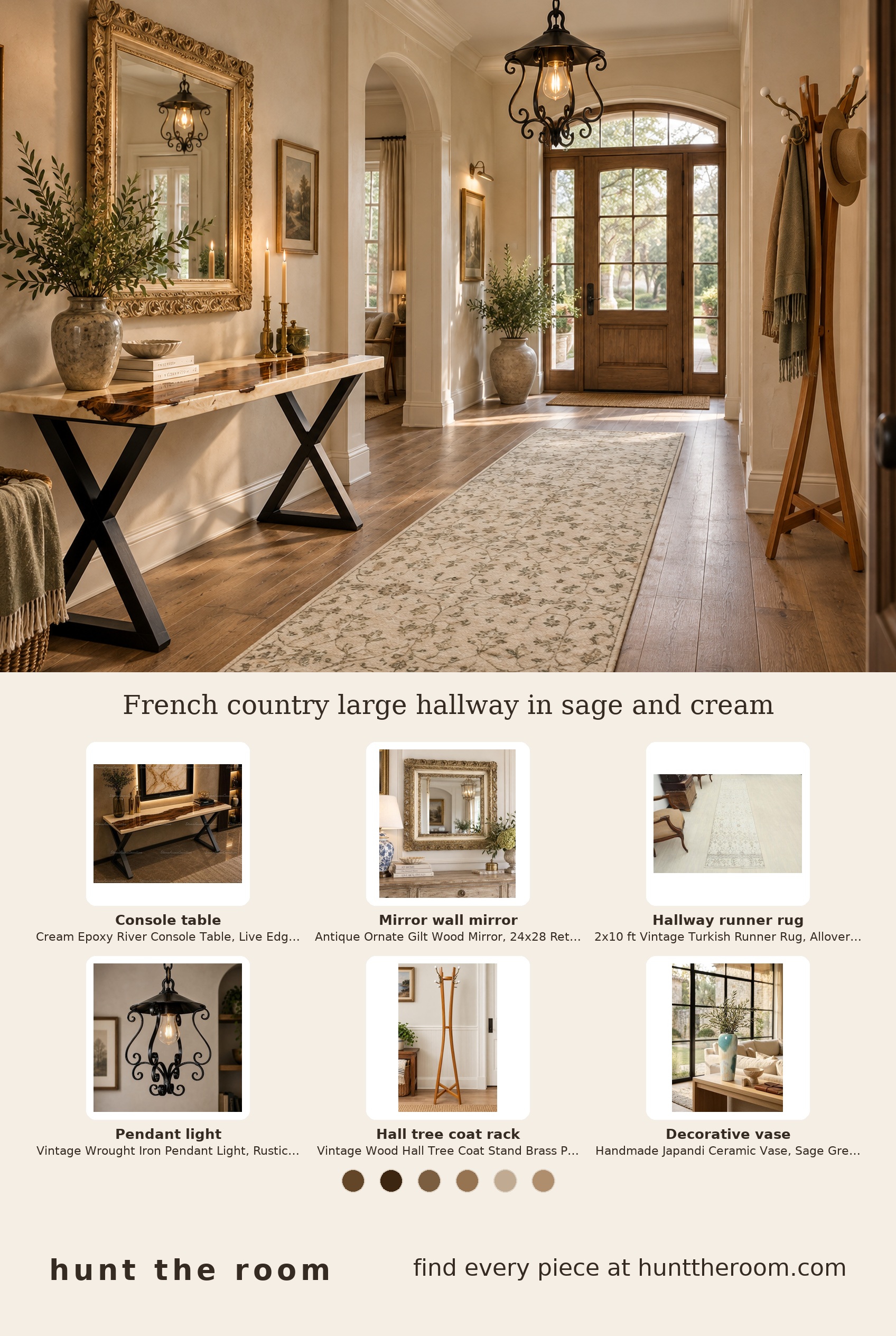 Flat lay of French country hallway pieces including a cream epoxy river console table, vintage ornate cream-gold mirror, Turkish runner rug with cream and sage accents, wrought iron pendant light, wood hall tree coat stand, and sage-toned Japandi ceramic vase.