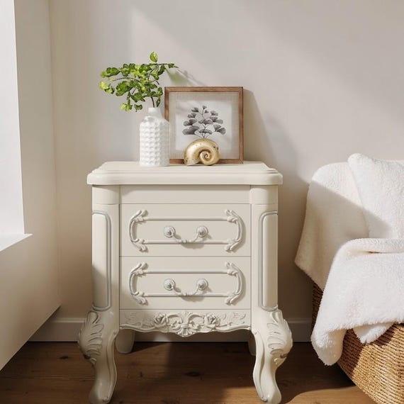 Cream White Carved Nightstand – Elegant 2-Drawer Bedside Table
