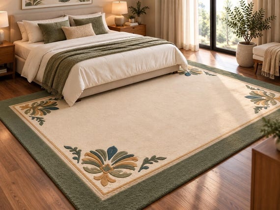 Hand Tufted Wool Rug, Vintage Floral Area Rug, Sage Green & Cream Carpet, Persian Style Rug, Elegant Living Room Bedroom Decor , Hallway rug