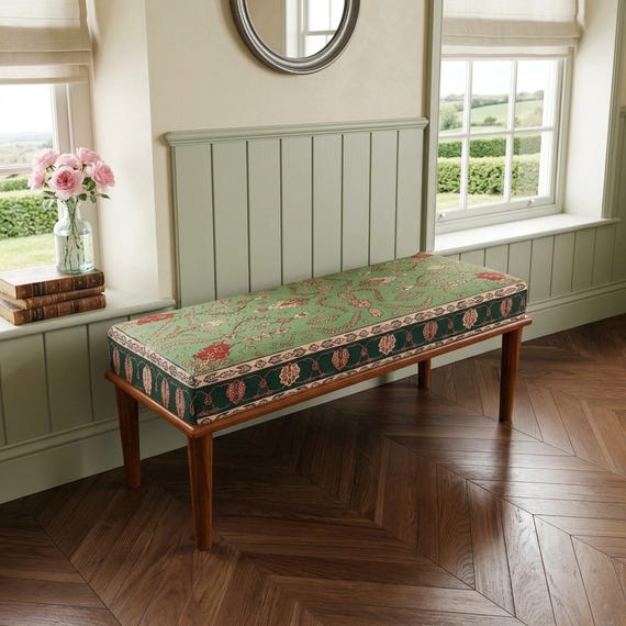 Sage Floral Border Stool | Bedroom Vanity Chair | Cottagecore Wood Pouf