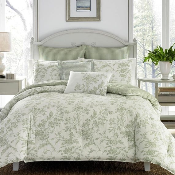 Sage Green Floral Comforter Set with Euro Shams and Throw Pillow | All Season Breathable, Comfortable, Reversible Cotton Shabby Chic Bedding