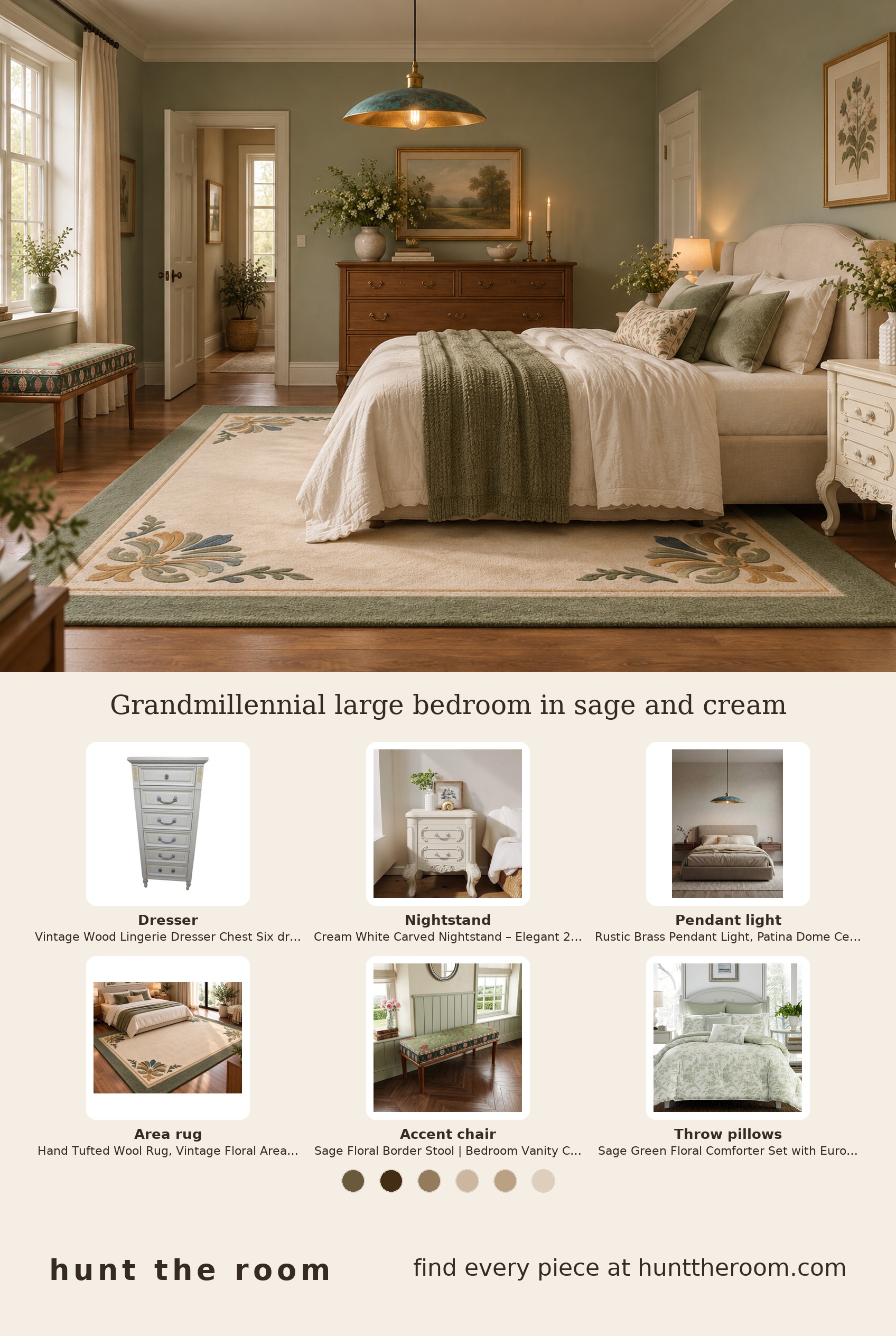 Flat lay of six grandmillennial bedroom items: cream carved nightstand, vintage wood cream dresser, rustic brass pendant light, sage floral wool area rug, sage floral accent chair, and sage floral comforter set, arranged on a neutral background.