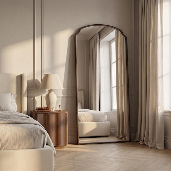 Full Length Floor Mirror Scalloped Top Arched Large Leaning Decorative Statement