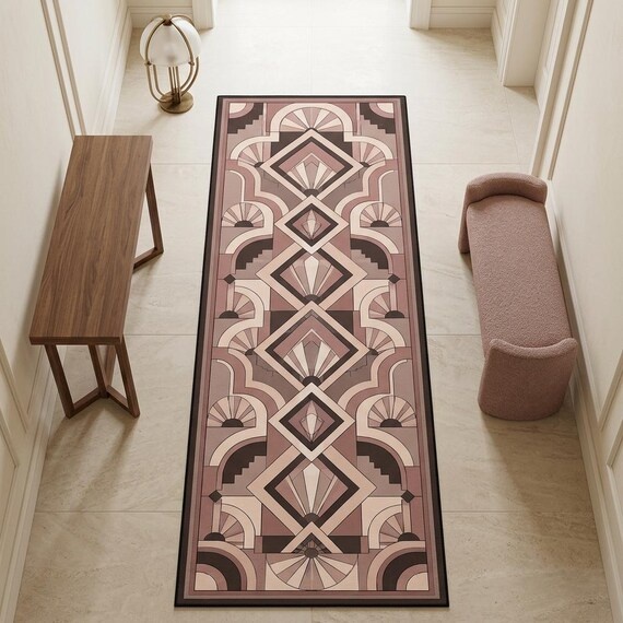 Art Deco Diamond Runner Rug, Dusty Rose Geometric Fan Design