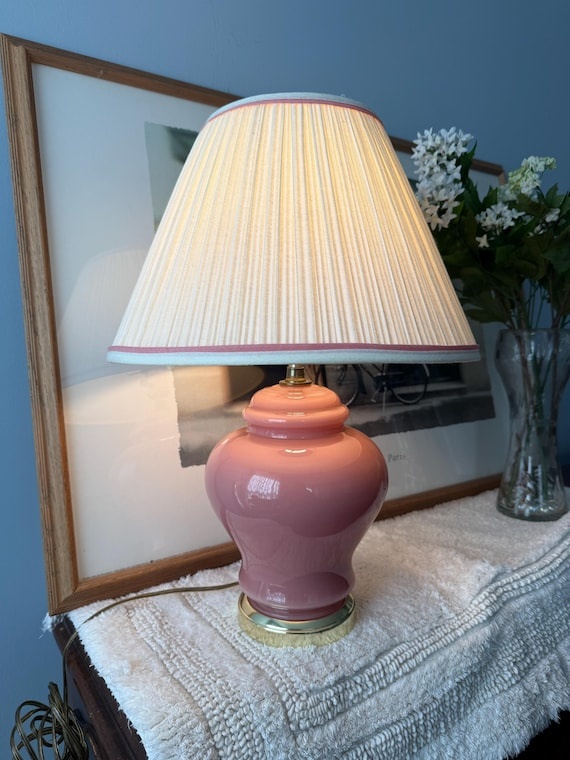Vintage 1980s Dusty Pink Glass Table Lamp with Pleated Shade | Postmodern Pastel Ginger Jar Lamp, Brass Base, Hollywood Regency Accent Light