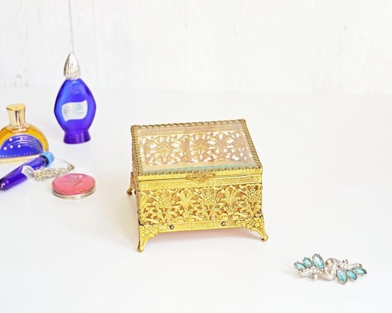 Vintage Mid Century Square Gold Ormolu Jewelry Basket, Prong Set Beveled Glass, Flower Filigree, Hinged Lid, Hollywood Regency Vanity Table