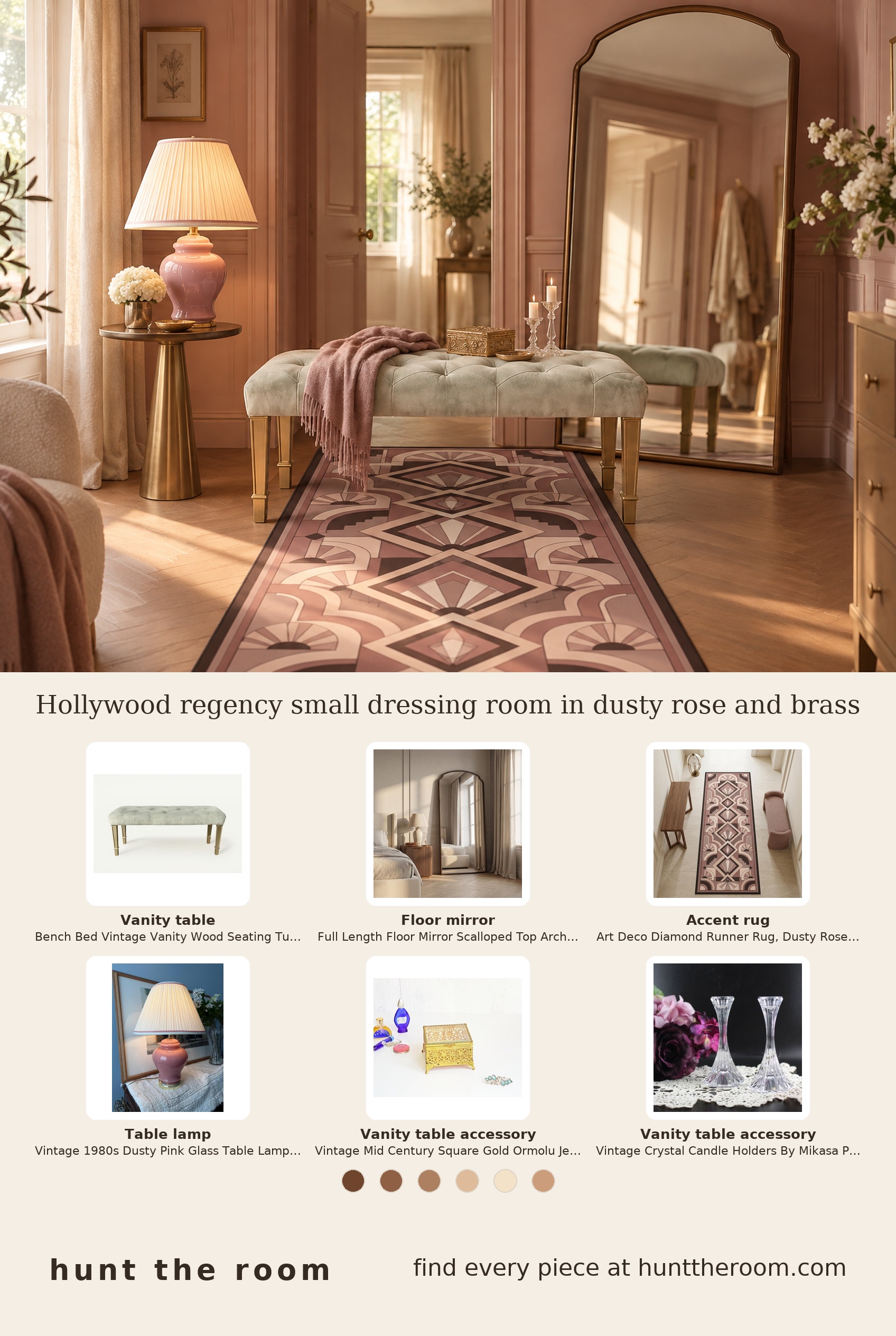 Flat-lay image of a dusty rose geometric runner rug, a tufted dusty rose vanity bench with brass legs, a pink vintage glass table lamp with brass base, a vintage gold brass jewelry box, and a pair of clear vintage crystal candle holders.
