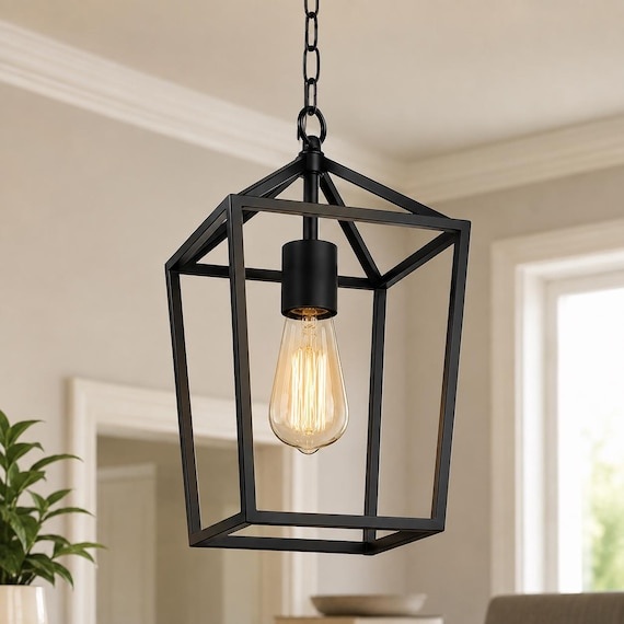 Farmhouse Pendant Light Black Metal Cage Lantern, Adjustable Hanging Light for Kitchen Island