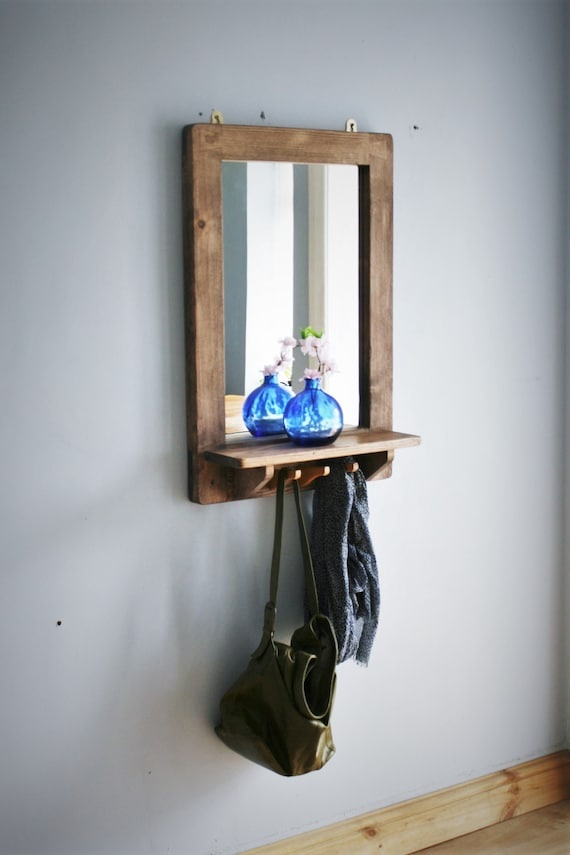 Rustic hall mirror with shelf, 3 coat key hooks, large, dark wood, bathroom, hat rack, modern cottage custom handmade Somerset UK