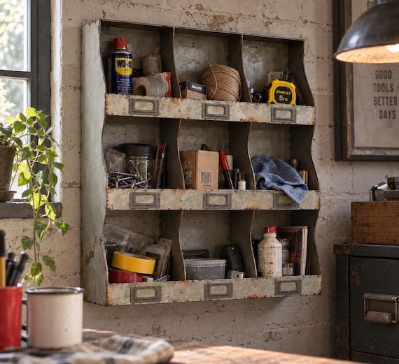 LEIDEN Industrial Tiered Vintage Cubby Unit Rustic Steel Wall Storage Organisation Military Shelf Vintage Display Wavy Edge Shelves