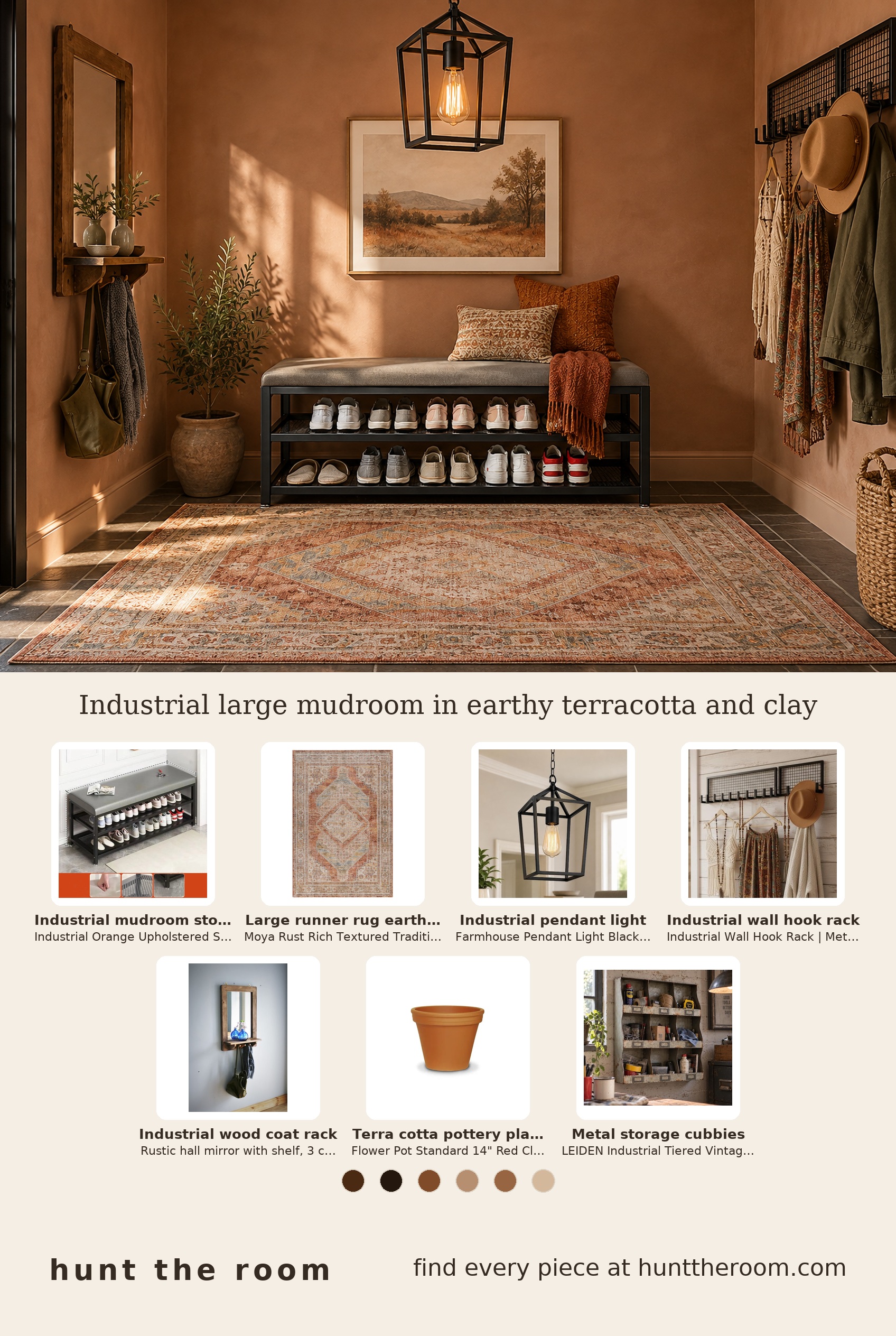 Flat-lay image showing an orange upholstered bench, a rust terracotta patterned rug, a black metal cage pendant light, a black metal grid hook rack, a rustic wood hall mirror with a small shelf, a classic terracotta flower pot, and a vintage industrial-style metal cubby shelf.