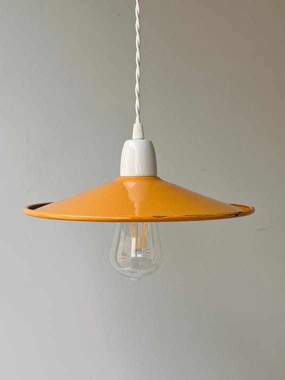 Ochre Enamel Pendant Lamp: Artisanal Reflector Shade (Flawed)