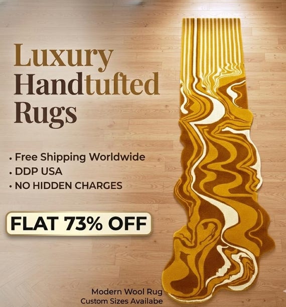 Golden Stripe Melting Hand-Tufted Runner Rug | Abstract Wavy Drip Design | Modern Art Wool Carpet