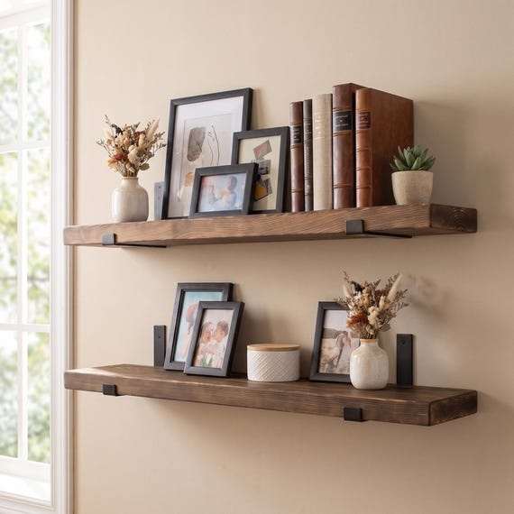 Walnut Wall Shelf Set of 2, Wood Floating Shelves with Black Metal Brackets