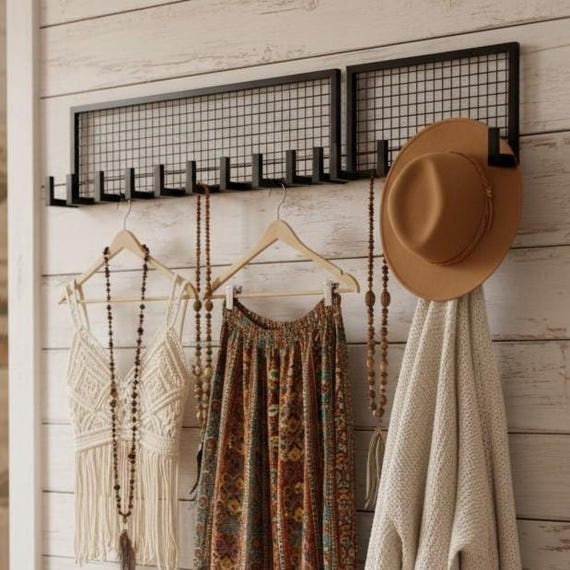 Industrial Wall Hook Rack | Metal Organizer with Grid Frame for Clothes, Hats & Accessories