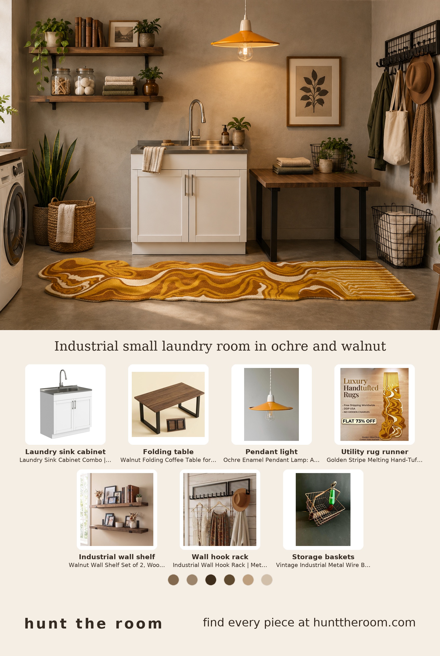 Flat lay of industrial style laundry edit featuring a white laundry sink cabinet, walnut folding coffee table, ochre enamel pendant light, golden striped wool runner rug, walnut wall shelves with black brackets, black metal wall hooks and vintage industrial metal wire basket.