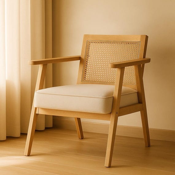 Bob • Rattan Lounge Chair · Natural Wood Armchair with Linen-Feel Cushion · Minimalist Living Room Seating