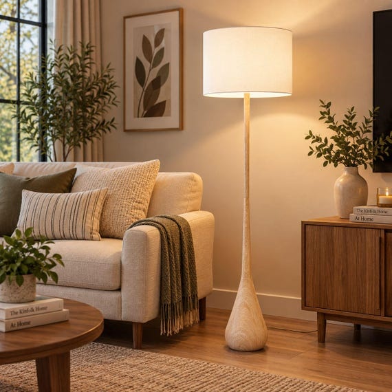 Japandi Floor Lamp, Wood Tone, White Cotton Shade, Minimalist Lighting