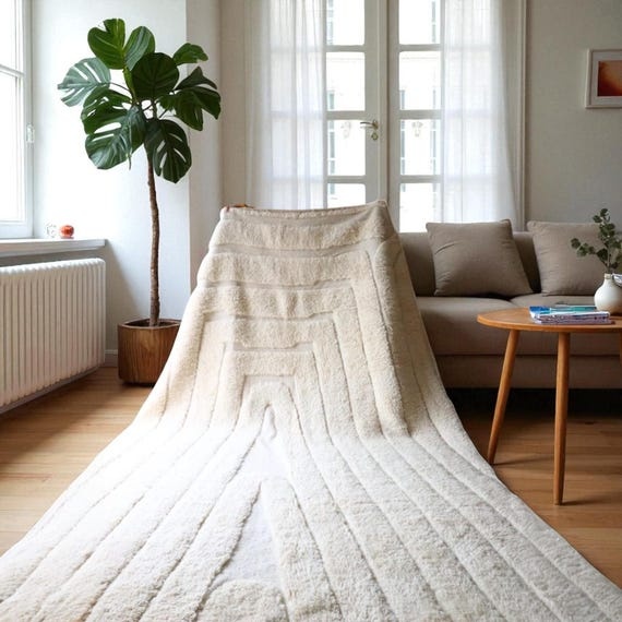Cream White Wool Berber Rug | Minimalist Handwoven Carpet | Textured Modern Floor Mat | Moroccan Neutral Area Rug | Japandi Decor, High Pile