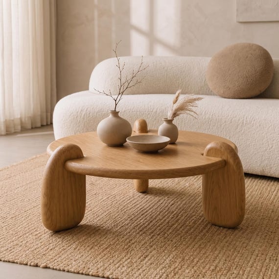 Round Solid Oak Coffee Table, Organic Low Wood Side Table, Japandi Living Room Furniture, Minimalist Sculptural Accent Table