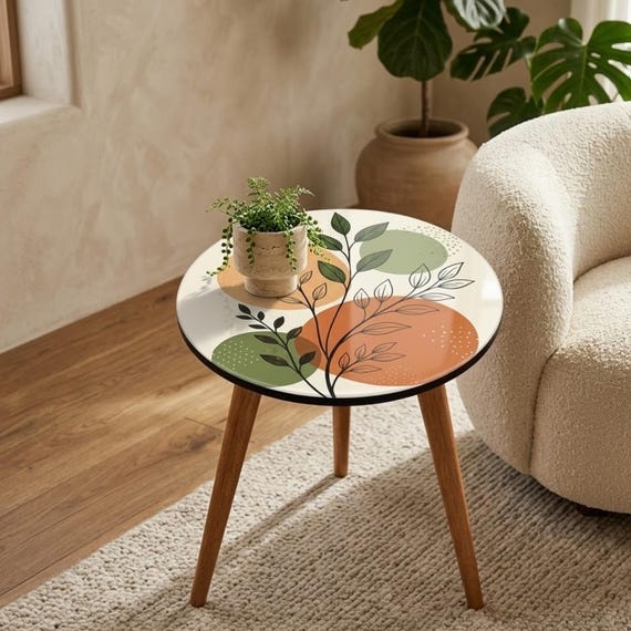 Handmade Botanical Print Round Side Table, Japandi Mango Wood Accent Furniture