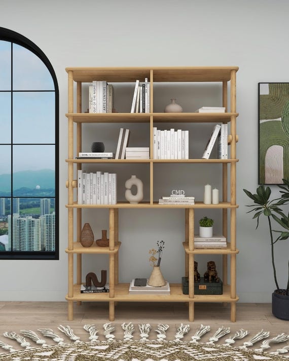Tall Oak Bookshelf: Japandi Style Multi-Level Shelf Organizer