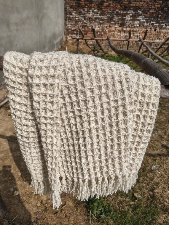 Off White Knitted Throw Blanket – Soft Textured Tassel Blanket for Couch, Bed & Office (50x60)