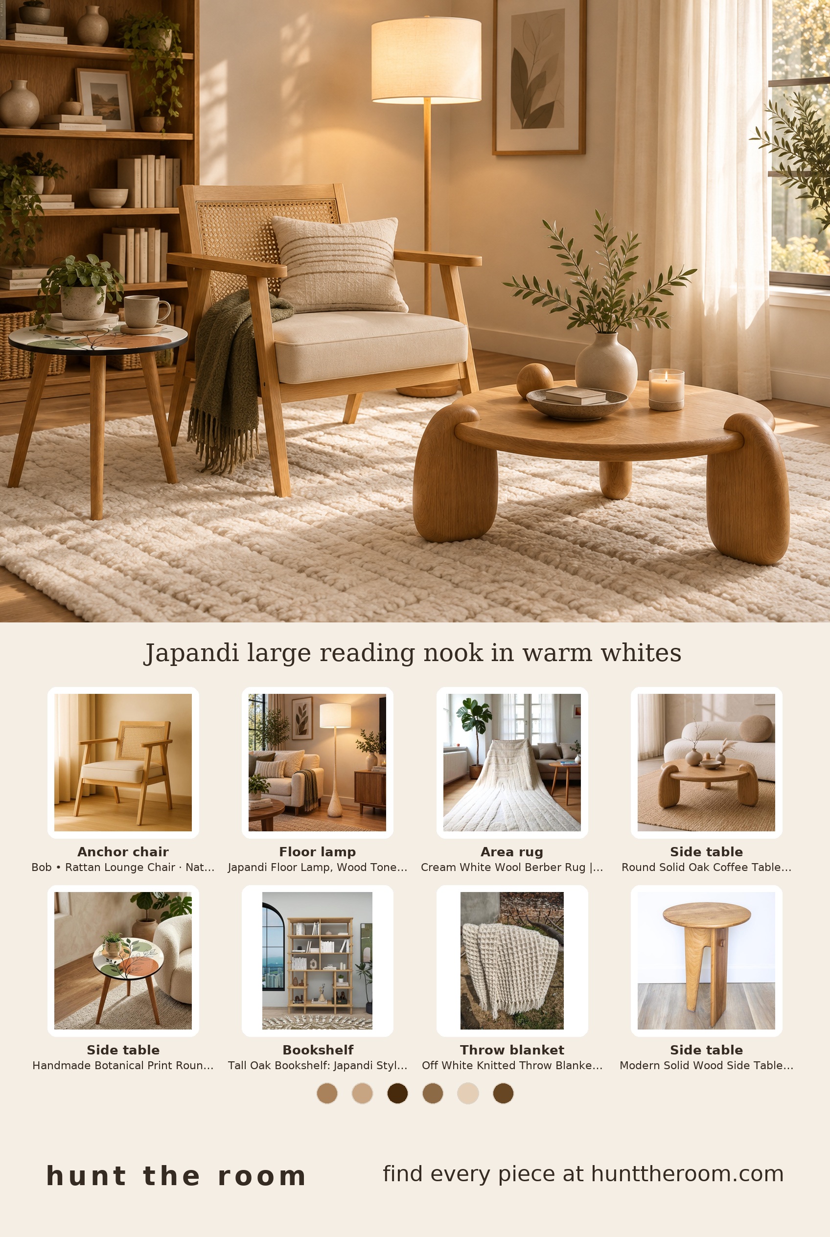 Flat lay of neutral-toned Japandi style reading nook featuring a natural rattan lounge chair, wood floor lamp, cream wool rug, solid oak coffee table and round side table with botanical print, tall oak bookshelf, and knit throw blanket.