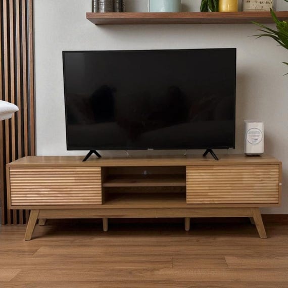 Mid-Century Modern Fluted Door Media Console: Boho Light Wood TV Stand