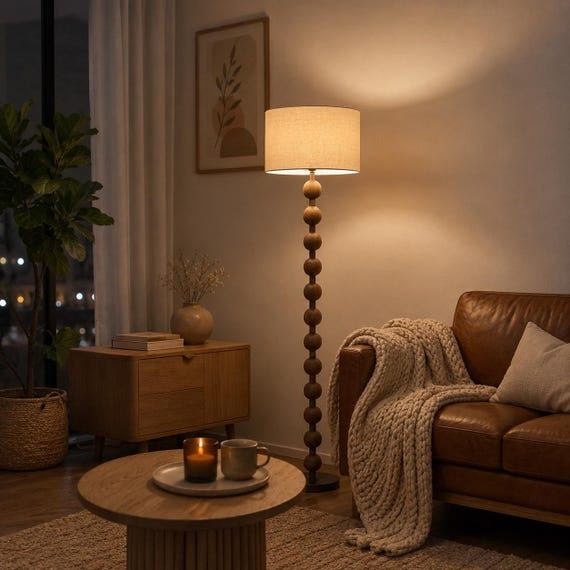 Modern Walnut Floor Lamp, Mid Century Standing Light, Minimalist Tall Lamp with Fabric Shade, Cozy Living Room & Bedroom Lighting