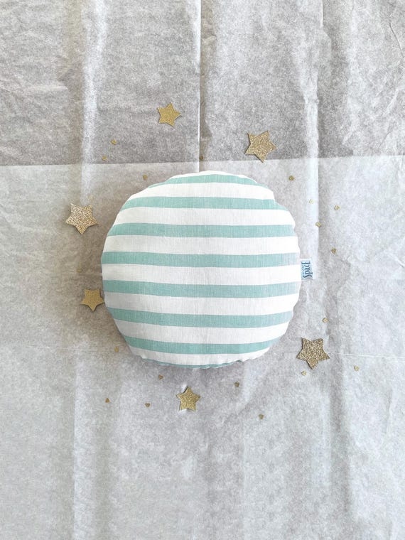 Mint Striped Round Pillow, Linen Throw Cushion, Pastel Nursery Decor, Soft Minimalist Kids Room Pillow
