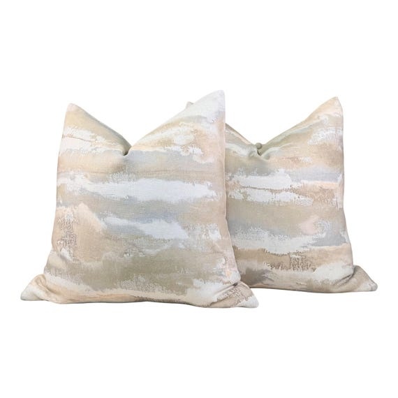 Thibaut Silver Lining  Pillow Blush, Beige. Linen Striped Pillow, Designer Pastel Pink Beige Pillows, Euro Sham Throw Pillow 26"X26"