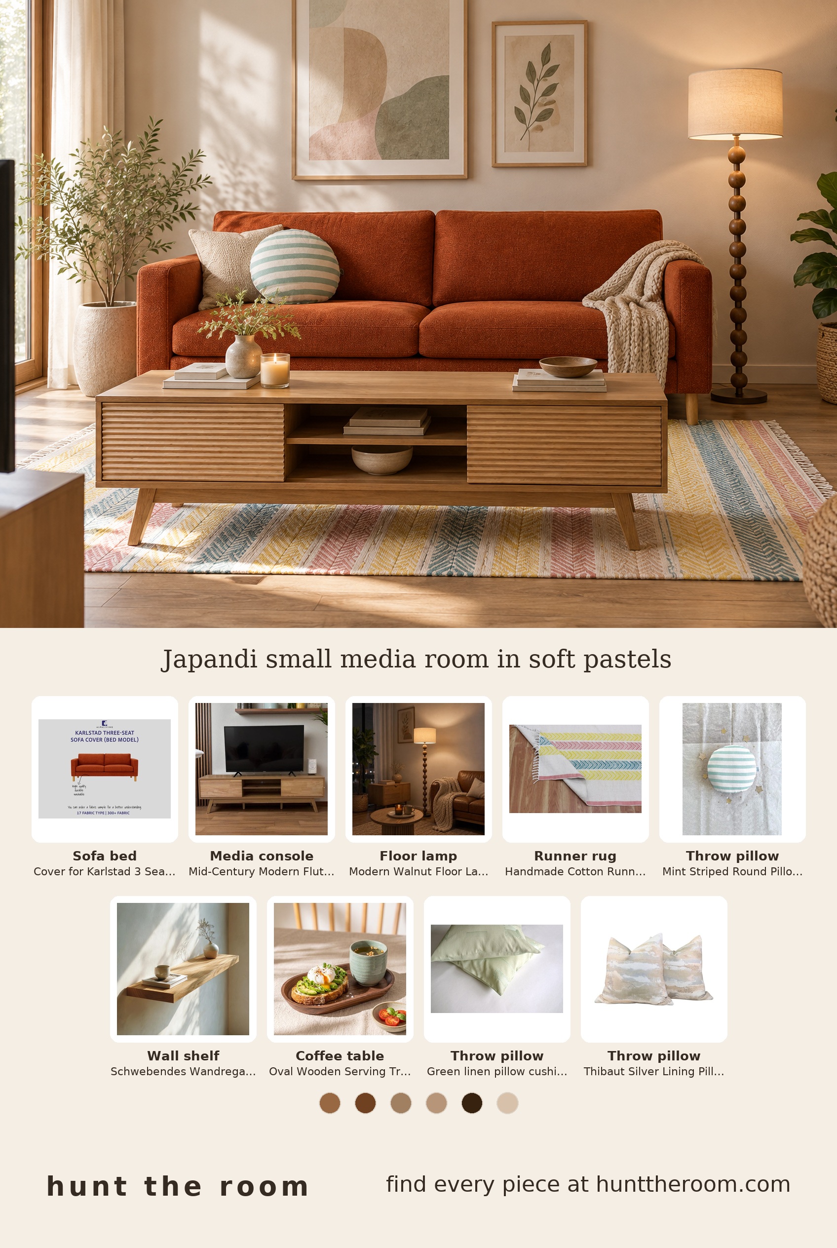 Flat lay of a small media room setup with a natural linen sofa bed cover, wooden mid-century media console, walnut floor lamp with fabric shade, pastel striped runner rug and circular mint green striped throw pillow.