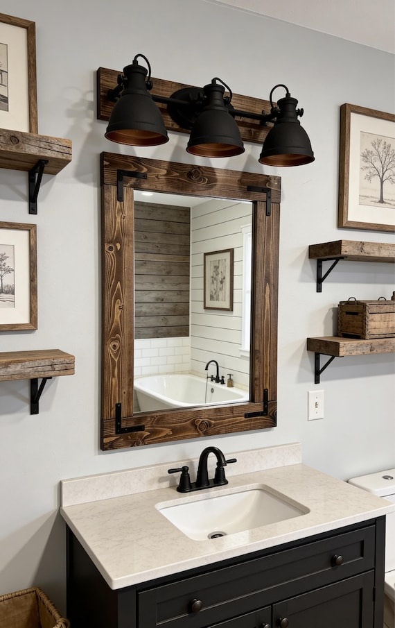 Set of Mirror and Light,Rustic Bathroom Farmhouse Set,Vanity Bathroom Wall 3 Light Fixture,Metal Pendant Black Wall Lighting,Home Decor Idea